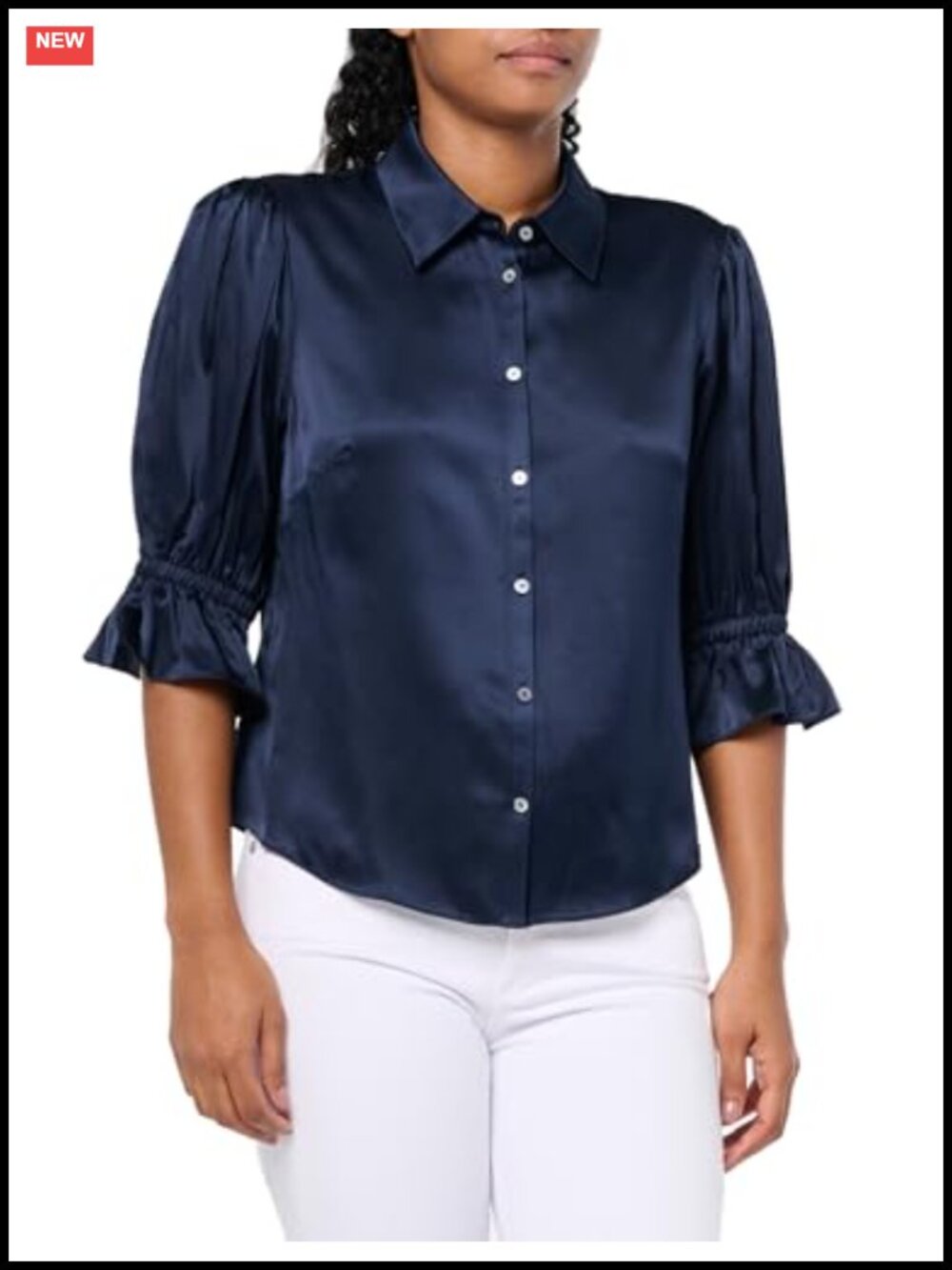 100% Silk Fiona Peasant Top Button Down 3/4 Sleeve Collared Vacation